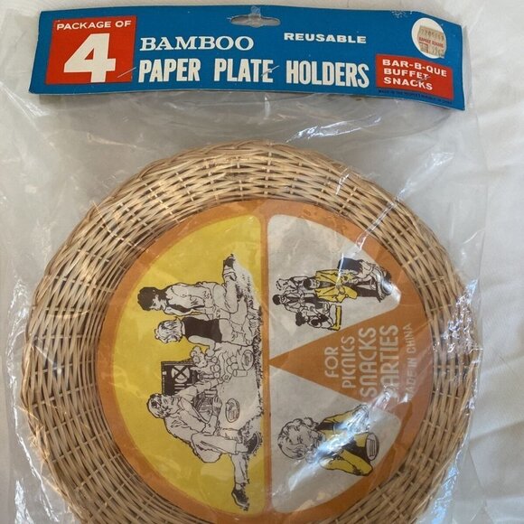 8 Vintage Boho Wicker Rattan Bamboo Paper Plate Holder Camping Picnic Party NOS - Picture 3 of 7